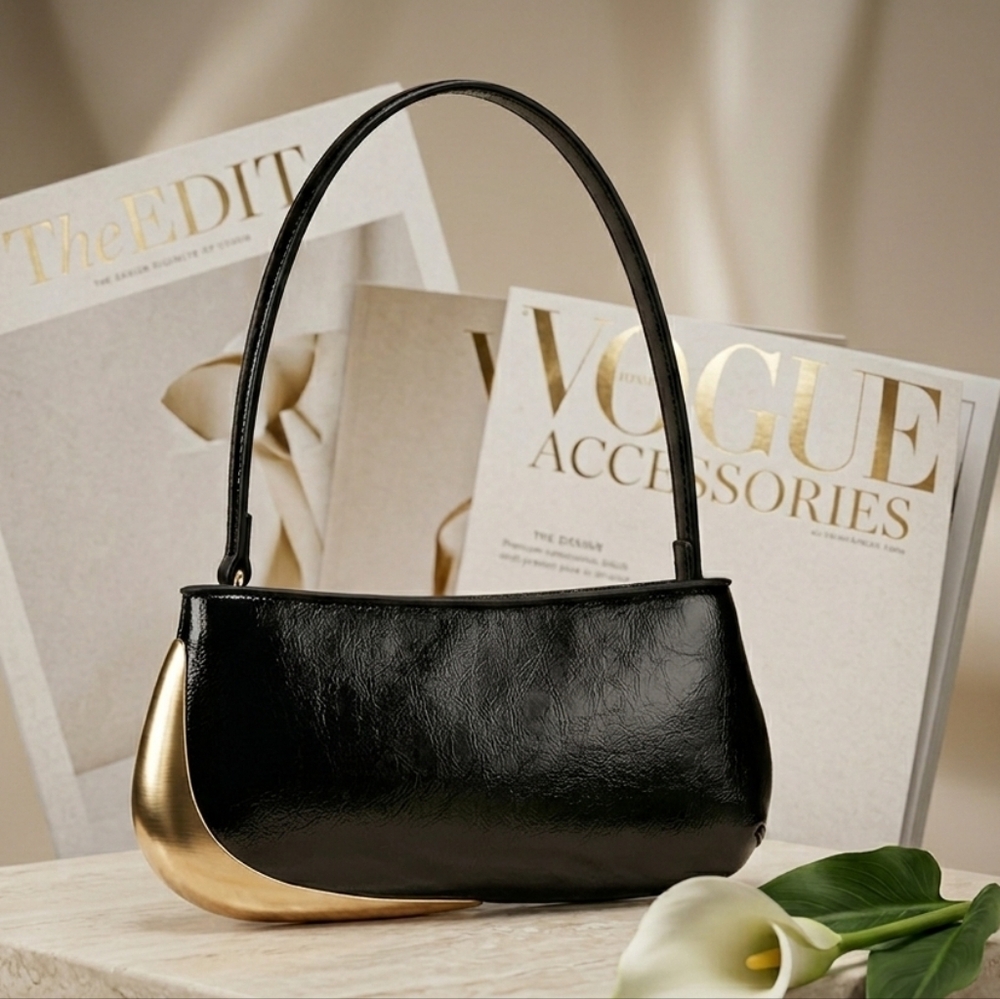 Sculptural Crescent-Accent Women's Cooper Black Leather Shoulder Bag - Picture 3 of 8